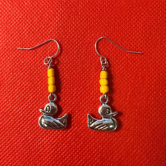 Rubber Ducky Ducks with Yellow Beads Silver Tone French Hook Pierced Earrings - Picture 1 of 2
